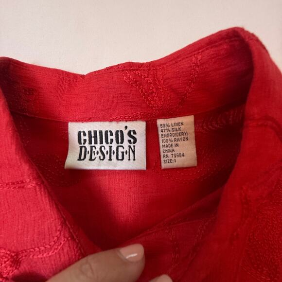 Vintage Chico’s Design Red Linen Silk Blend Floral Embroidered Shirt Size 1 - Picture 4 of 16